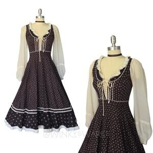 Gunne Sax Brown Floral Corset Midi Dress Size 9 S Prairie Calico Vintage 70s